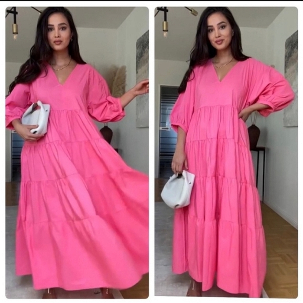 ZARA * Tiered Poplin Pink Dress Voluminous Flowy Maxi - Picture 1 of 13